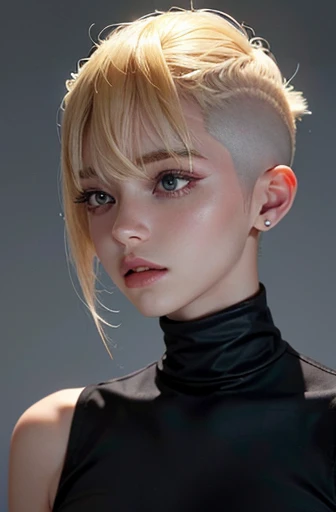 a 20 yo woman, blonde, (hi-top fade:1.3), dark theme, soothing tones, muted colors, high contrast, (natural skin texture, hyperrealism, soft light, sharp)