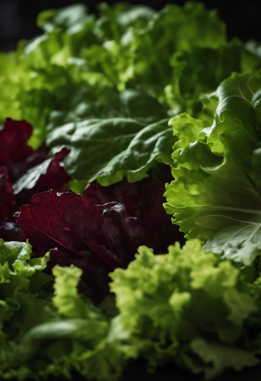 a high-resolution shot of a salad made with various types of lettuce, highlighting the different textures, colors, and shapes of the leaves