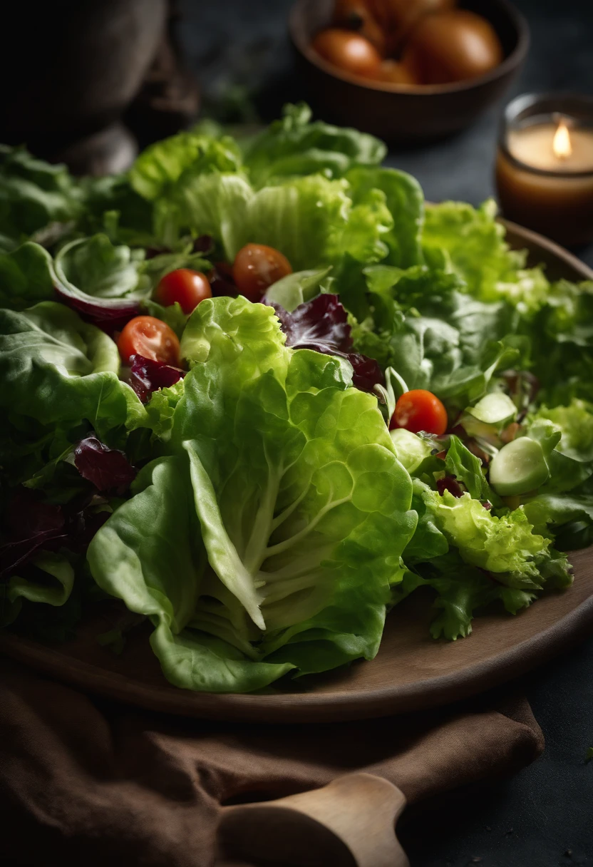 a high-resolution shot of a salad made with various types of lettuce, highlighting the different textures, colors, and shapes of the leaves