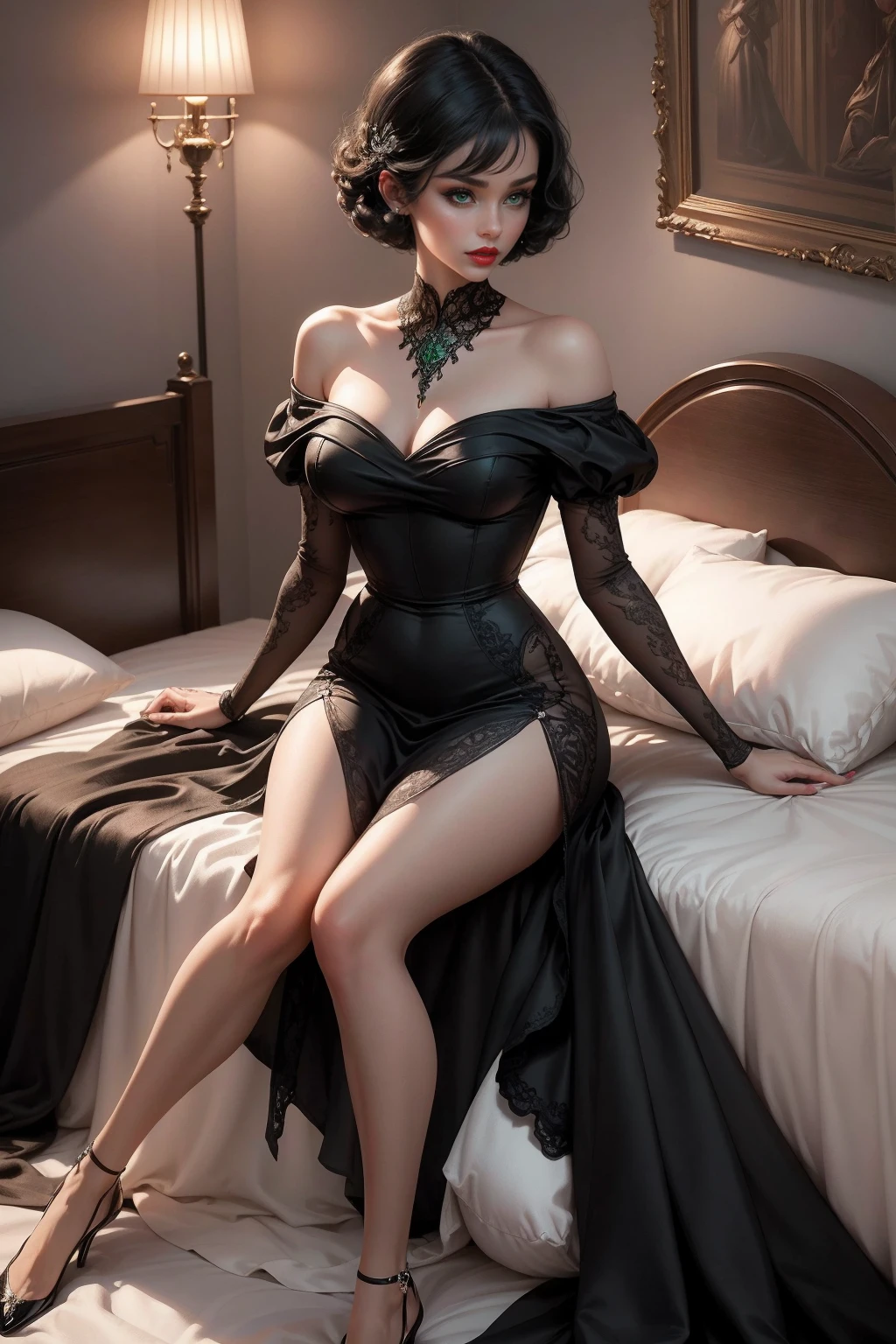 {-erro_de_anatomia:1.0}(Masterpiece - Ultra-Detailed, High Resolution) Prepare to be enchanted by a true masterpiece that combines ultra-detailed art with high-resolution rendering. This work shows a mesmerizing woman, with short black hair, 1950s style,(1.3) and captivating green eyes (1.2), New York illustration style, wearing red lipstick, emanating an aura of elegance and mystery. Wearing classic 1950s clothes. Sexiest. Intricate details and realistic textures invite you to explore every aspect of this enchanting composition. Transparent black dress. Lying in bed. . Get ready to dive into a world where beauty and craftsmanship merge perfectly.