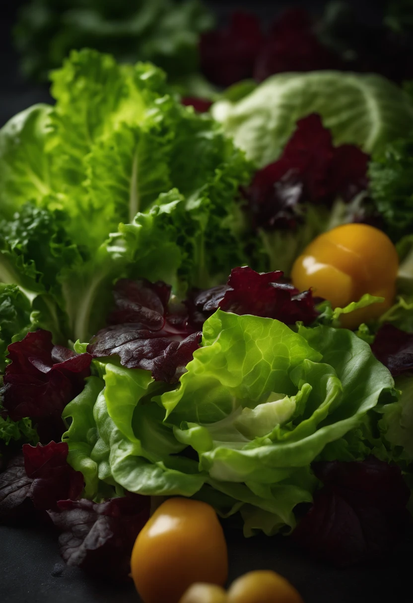 a high-resolution shot of a salad made with various types of lettuce, highlighting the different textures, colors, and shapes of the leaves