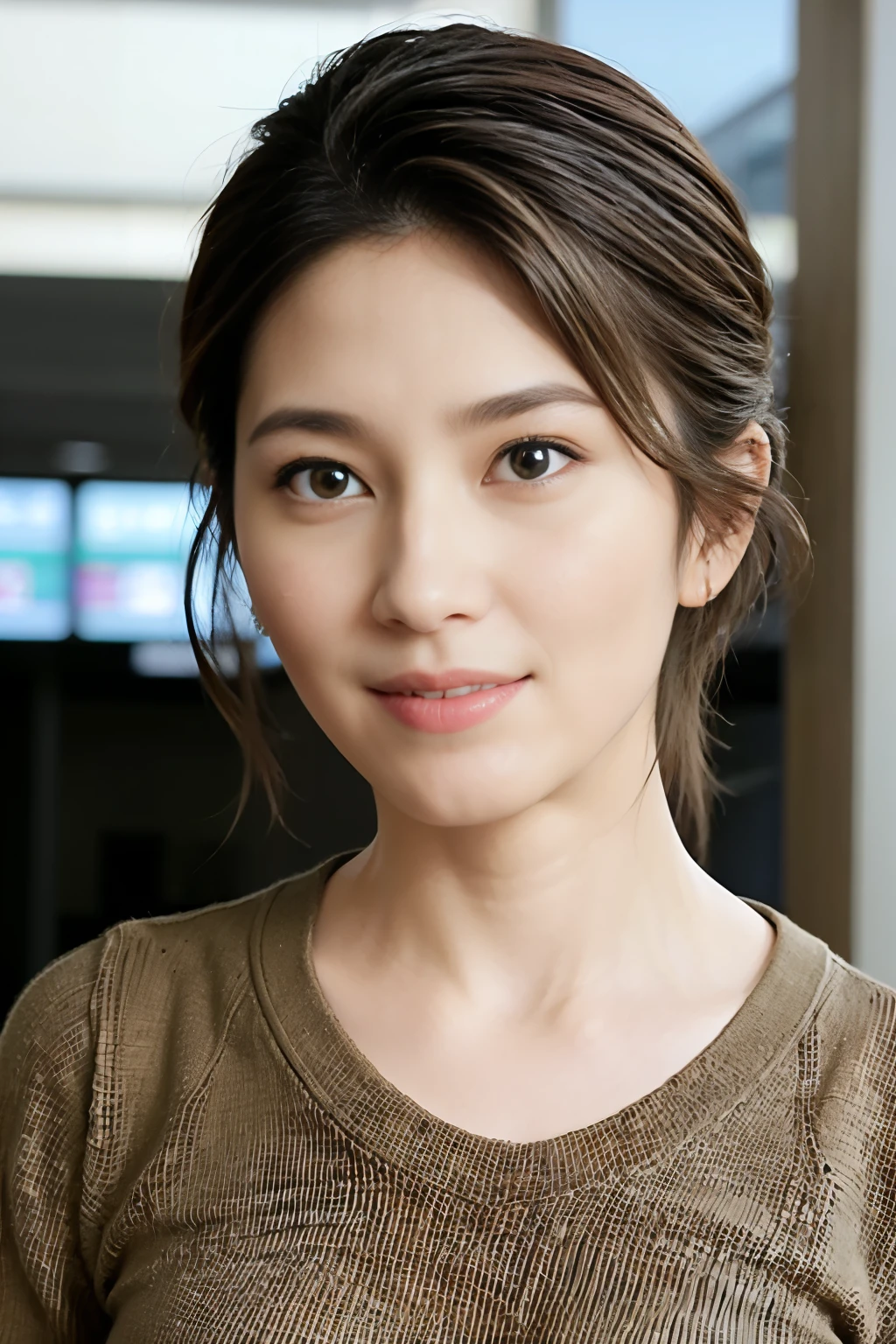 (airport:1), PM, (Doctor Gown:1), Light brown fringe shorthair, bright brown eyes, 1girl in, 20yr old, innocence, (Photorealsitic), (intricate-detail:1.2),(masterpiece, :1.3),(top-quality:1.4), (超A high resolution:1.2), 超A high resolution, (A detailed eye), (detailed facial features), HDR, 32k resolution, (lensflare:0.7), Looks Back, Busy with inspection reports, Face Viewer