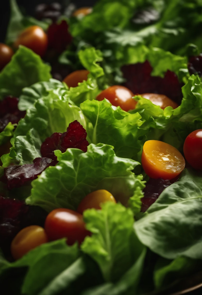 a high-resolution shot of a salad made with various types of lettuce, highlighting the different textures, colors, and shapes of the leaves