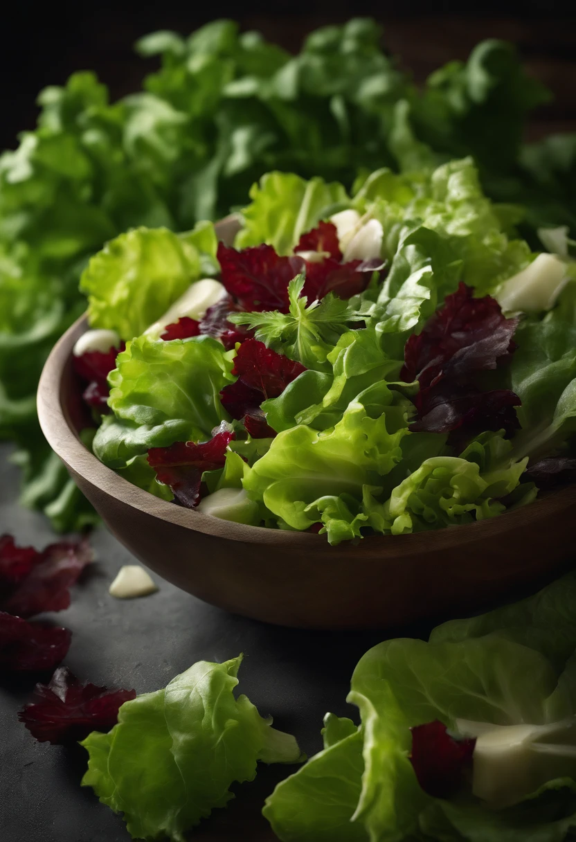 a high-resolution shot of a salad made with various types of lettuce, highlighting the different textures, colors, and shapes of the leaves