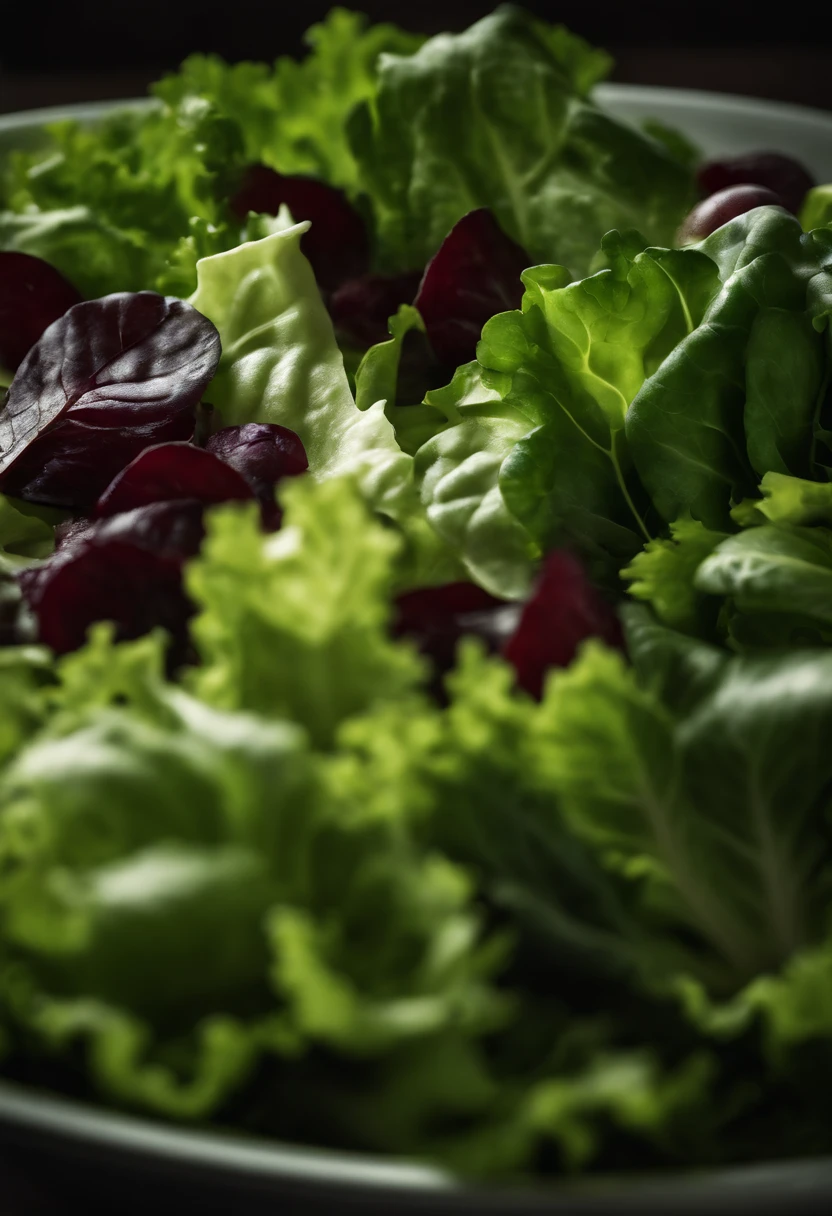 a high-resolution shot of a salad made with various types of lettuce, highlighting the different textures, colors, and shapes of the leaves