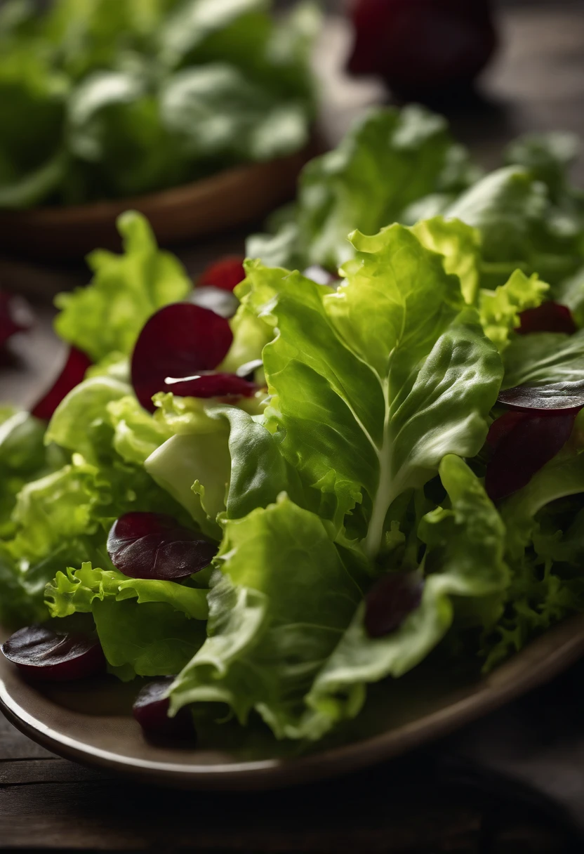 a high-resolution shot of a salad made with various types of lettuce, highlighting the different textures, colors, and shapes of the leaves