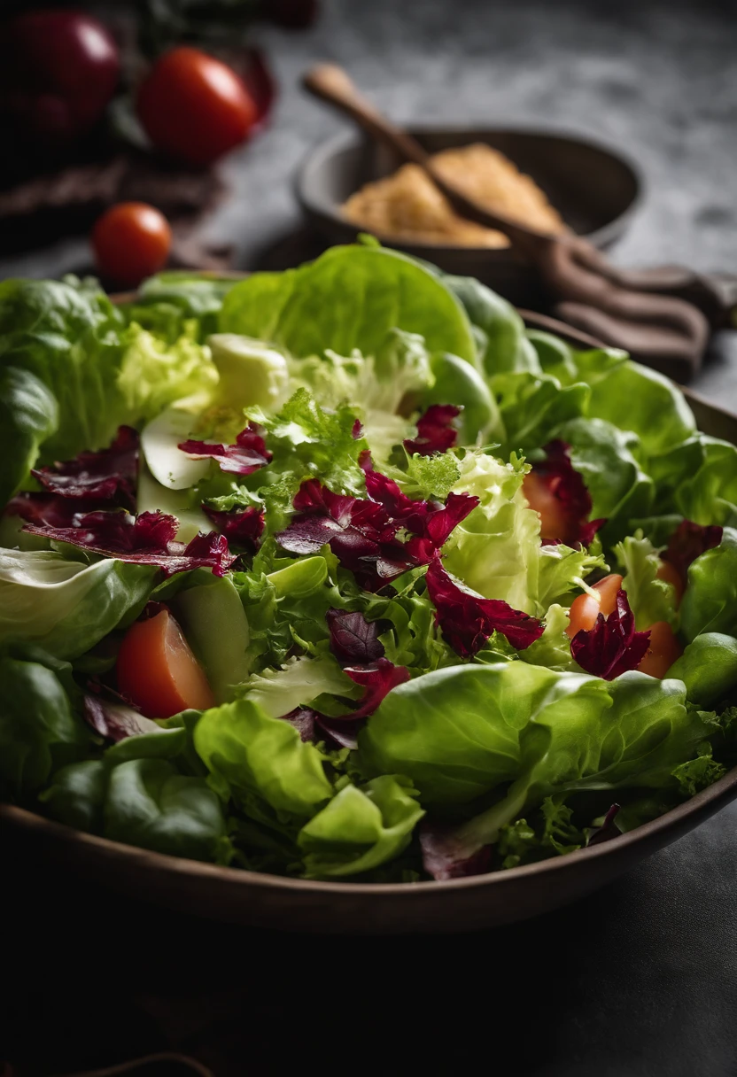 a high-resolution shot of a salad made with various types of lettuce, highlighting the different textures, colors, and shapes of the leaves