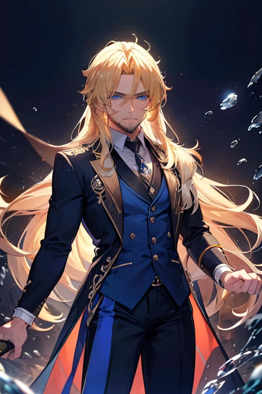 A muscular  blonde haired man with blue eyes and long hair and a dark beard  is wearing a fancy suit in a ball