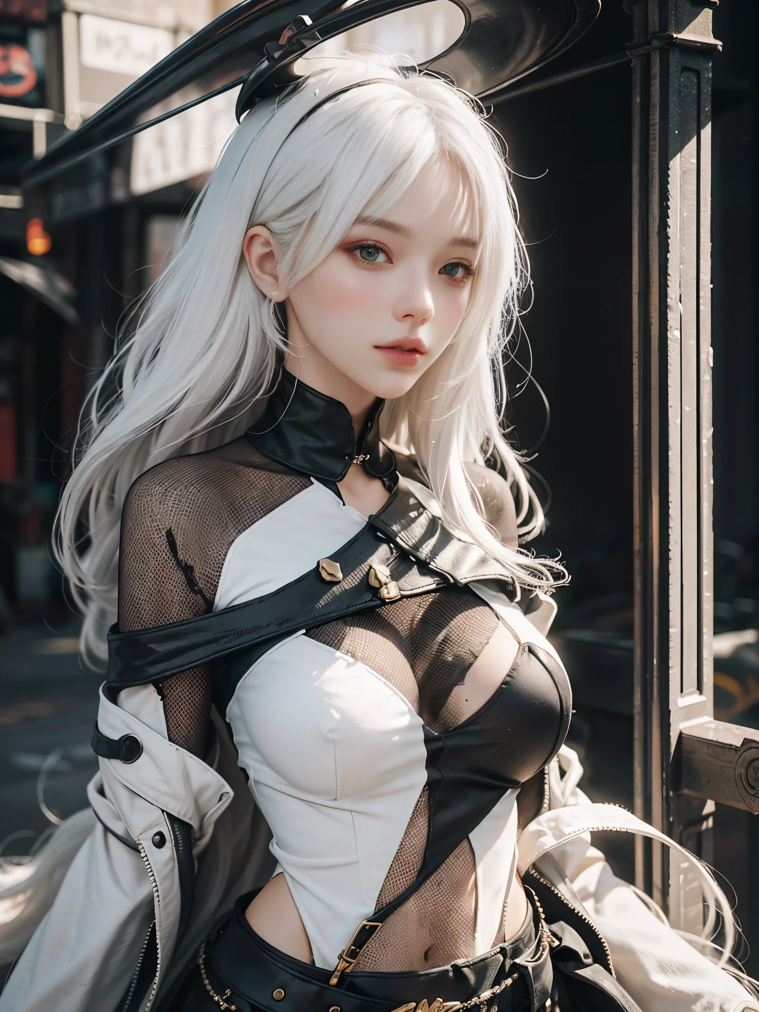 Close-up of woman with white hair and white mask、beautiful character painting、guweiz、Artwork in the style of Gwise、white haired god、Jan J、epic exquisite character art、Stunning character art、Fanchy、Uzunsifan、Guweiz on the Pixiv art station,Faces of reality,Real people,Photo quality,Real person footage captured on camera,Shooting from the waist up,Live-action feeling,Quite light clothing，see-through underware,