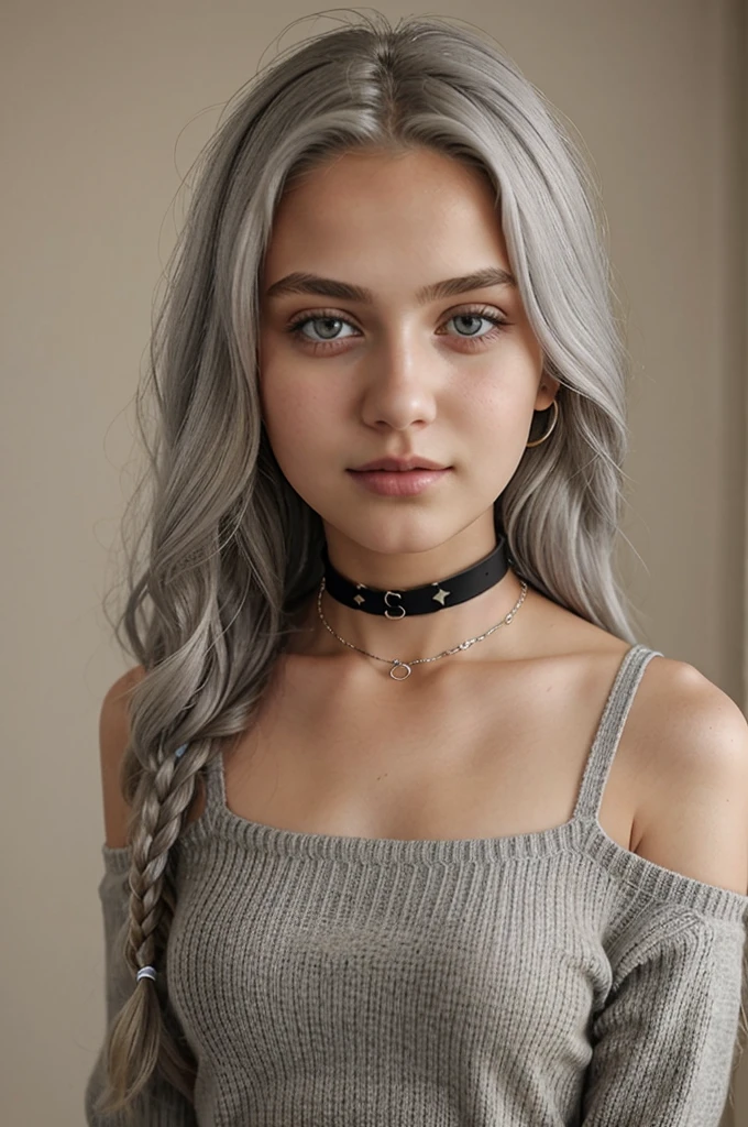 13 year old girl, Alone, Long gray hair, , view the viewer, Blonde hair, shoulder, Brown eyes, jewely, Full body lesbian, choker necklace, cropped shoulders, Sweaters, Open lips, actual, nase, flirting with the camera
