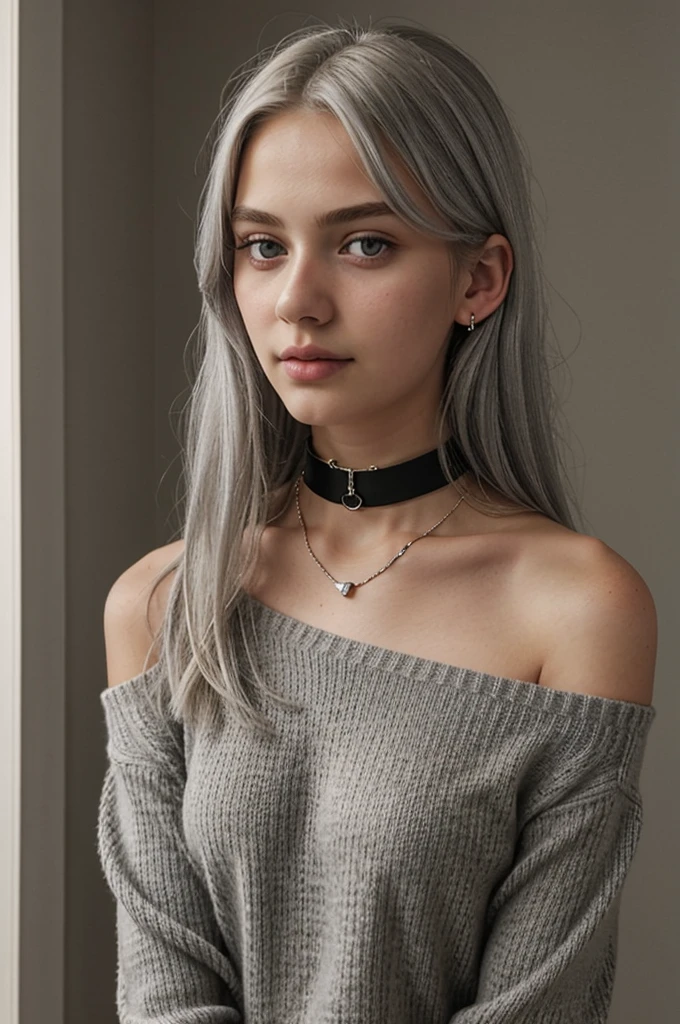 13 year old girl, Alone, Long gray hair, , view the viewer, Blonde hair, shoulder, Brown eyes, jewely, Full body lesbian, choker necklace, cropped shoulders, Sweaters, Open lips, actual, nase, flirting with the camera