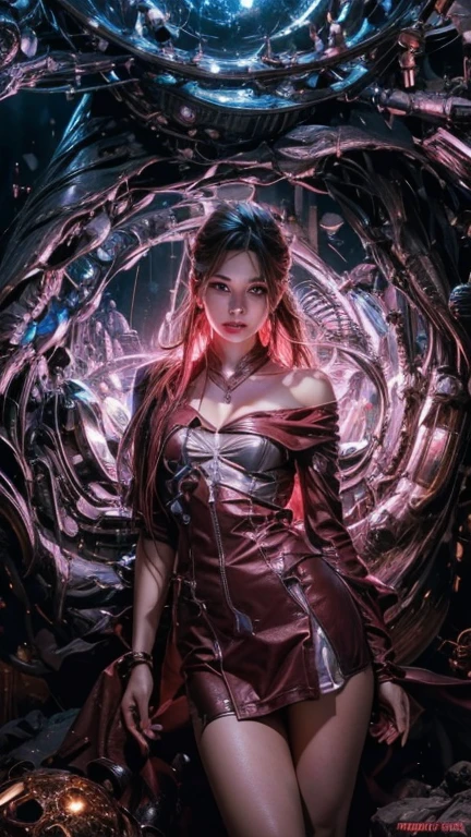 NSFW, 1girl, Rosé blackpink, Cyberpunk, ((corpo inteiro):1.5), {((uma mulher))}, (30 anos) usando {((Arabic style translucent mechanical skin:1.2, with multiple intricate neon wires detailed with metal alloy, gostosa, seio grande, sexy, seios para fora, clothes with open zippers, nua