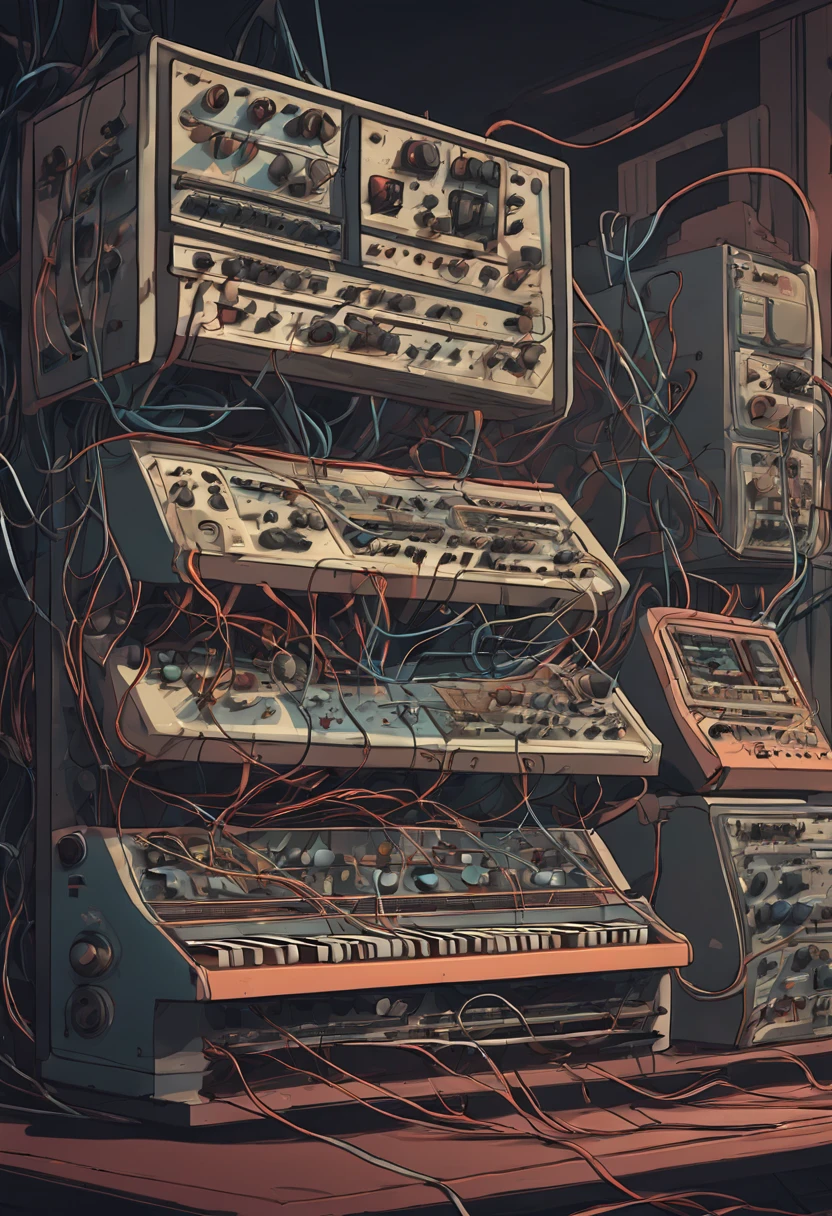 a cartoon illustration of a weird-shaped modular synthesizer with colored cables in a shady and dirty room in a cheap hotel, best quality, highly detailed, masterpiece,trending on artstation, digital art, digital illustration, storybook illustration,