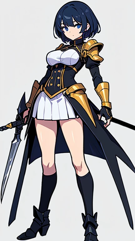 (((Best Quality))) , ((full body)), female, reference sheet, solo, (white background), holding weapon, gloves, slit short trench skirt, short skirt, armored dress,