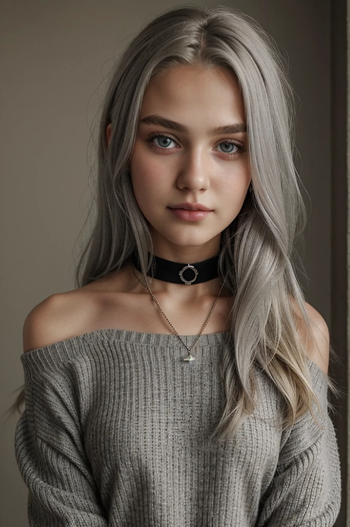 13 year old girl, Alone, Long gray hair, , view the viewer, Blonde hair, shoulder, Brown eyes, jewely, Full body lesbian, choker necklace, cropped shoulders, Sweaters, Open lips, actual, nase, flirting with the camera