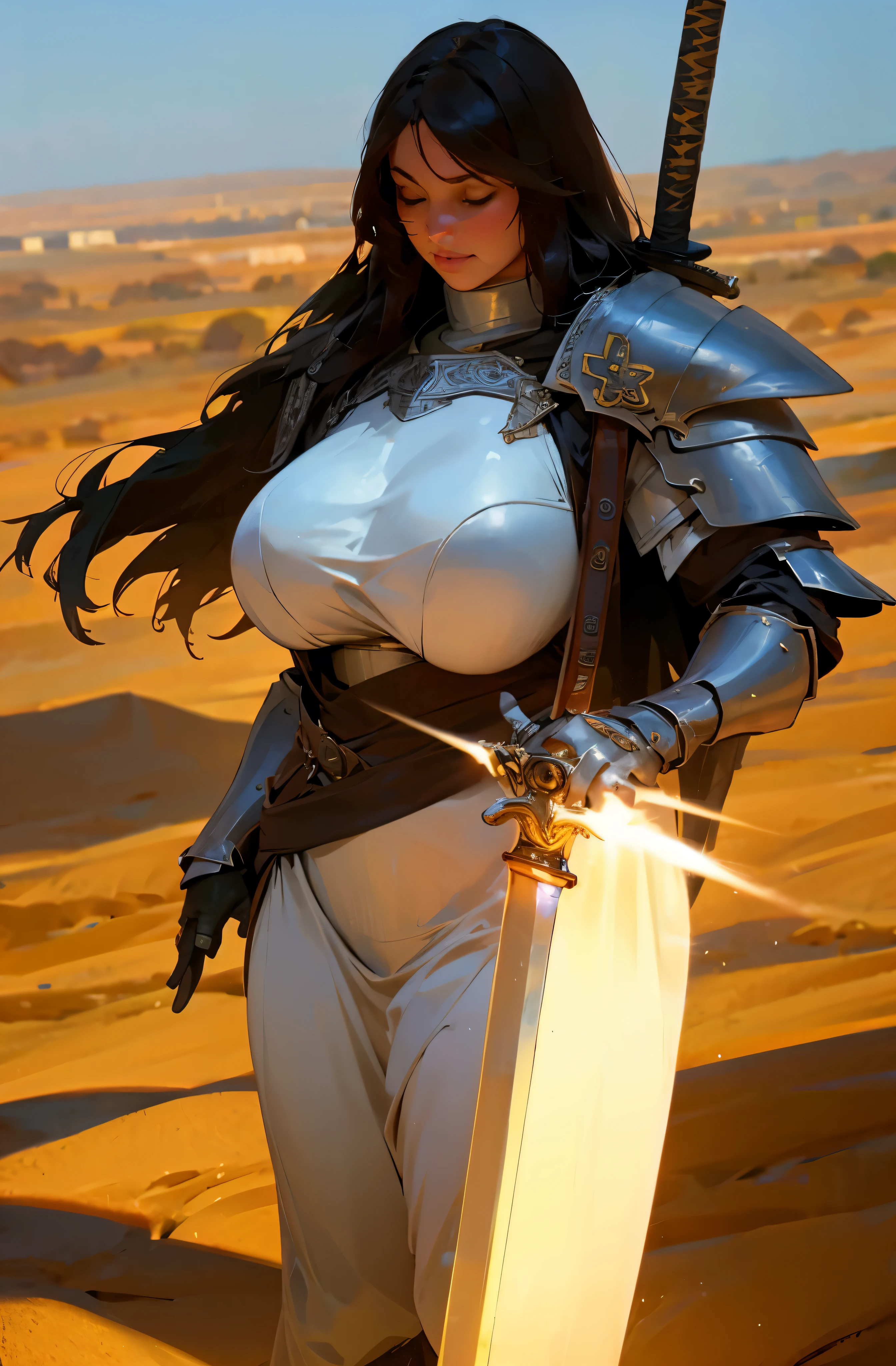 (best quality,4k),1girl,medieval knight (in the style of Conan the Barbarian),sword,realistic,large breasts,facing away,bronze armor,flowing hair,flowing cloak BREAK desert background,overexposure,sun lighting,dusty winds