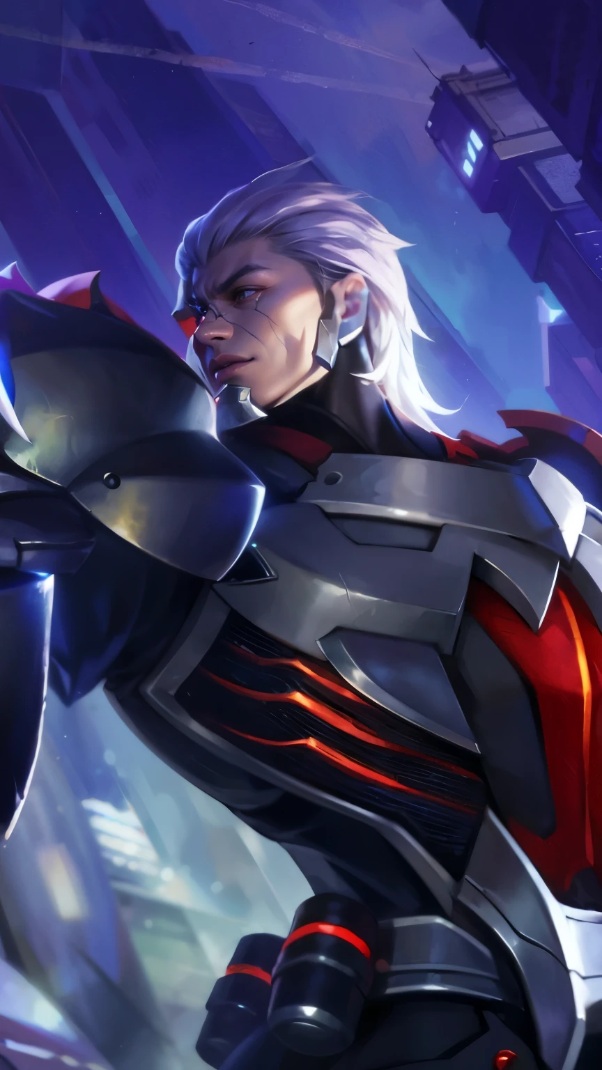Best quality, masterpiece, detailed skin texture, detailed clothes texture, detailed face, super detail, 8k, intricate detail, 1 boy, The color doesn't change, Muscle guy, 1 guy, close-up of a person wearing a gold costume with a spear, inspired by Alpha Crimson Warrior, mobile legends splash art, fuchsia skin under armor, official splash art, shaco from mobile legends, mobile legends style, splash art, mobile legends splash art legend, iconic character splash art