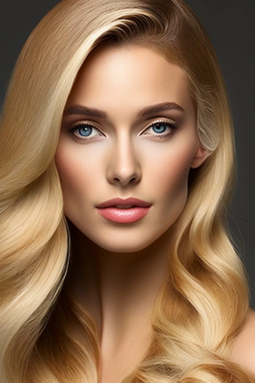 ultra realistic image, beautiful woman, 30 years old, fair skin, expressive light brown eyes, full lips, sculptural body, long and wavy blonde hair, detail of silky skin, with a healthy appearance, with formal clothes in dark colors and loose hair
