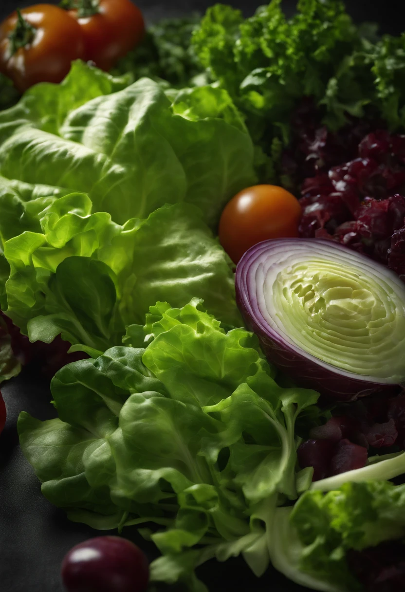a high-resolution shot of a salad made with various types of lettuce, highlighting the different textures, colors, and shapes of the leaves