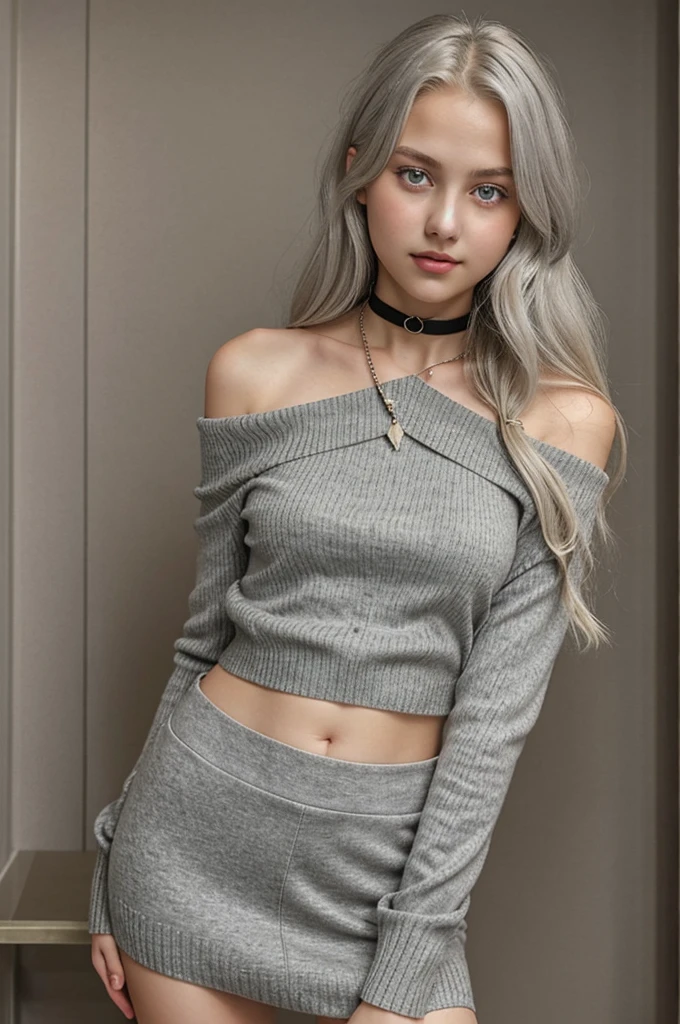 girl, Alone, Long gray hair, , view the viewer, Blonde hair, shoulder, Brown eyes, jewely, Full body lesbian, choker necklace, cropped shoulders, Sweaters, Open lips, actual, nase, flirting with the camera