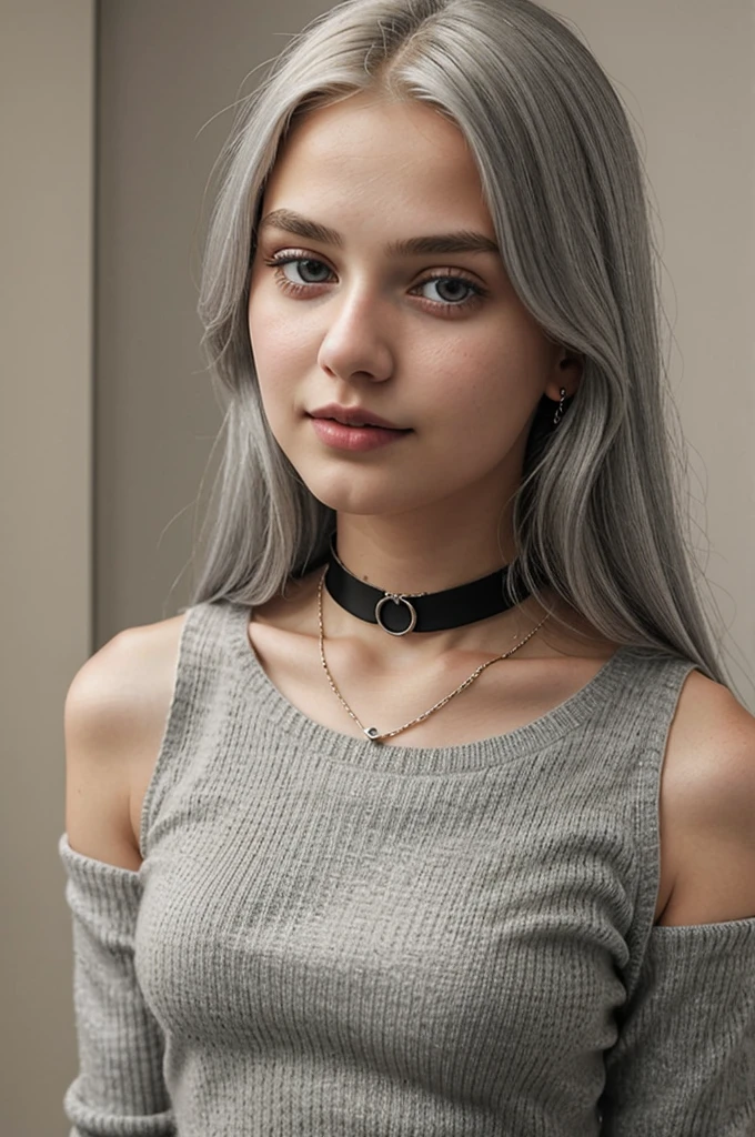 13 year old girl, Alone, Long gray hair, , view the viewer, Blonde hair, shoulder, Brown eyes, jewely, Full body lesbian, choker necklace, cropped shoulders, Sweaters, Open lips, actual, nase, flirting with the camera