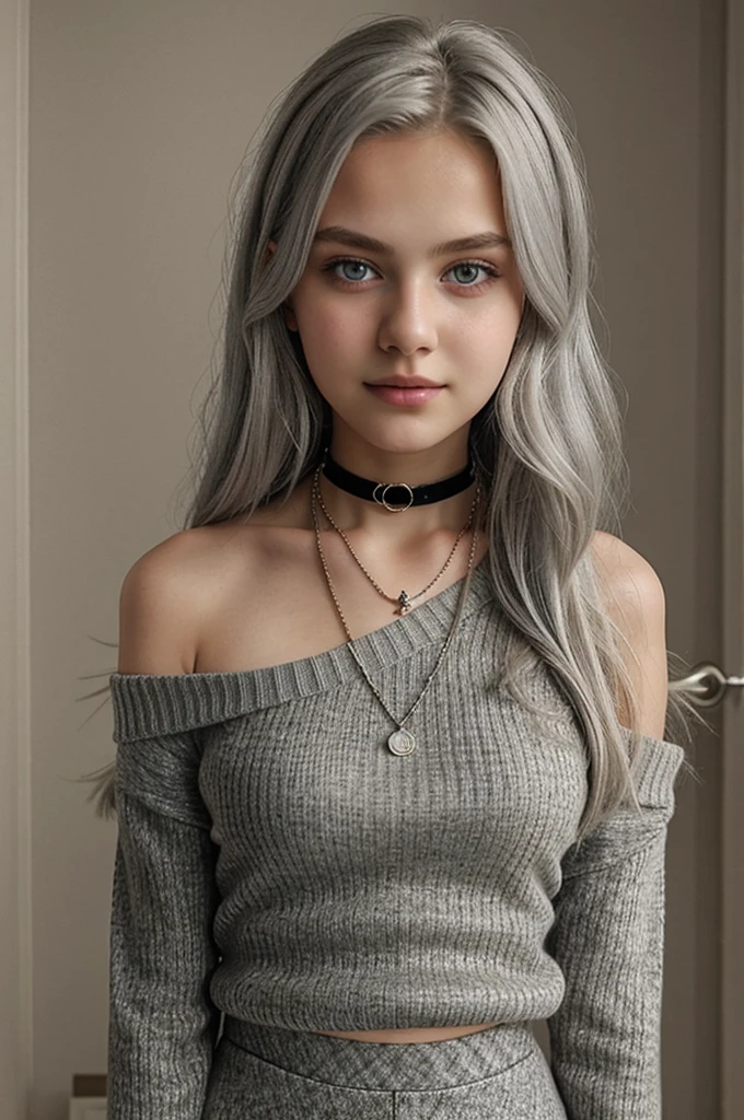  girl, Alone, Long gray hair, , view the viewer, Blonde hair, shoulder, Brown eyes, jewely, Full body lesbian, choker necklace, cropped shoulders, Sweaters, Open lips, actual, nase, flirting with the camera