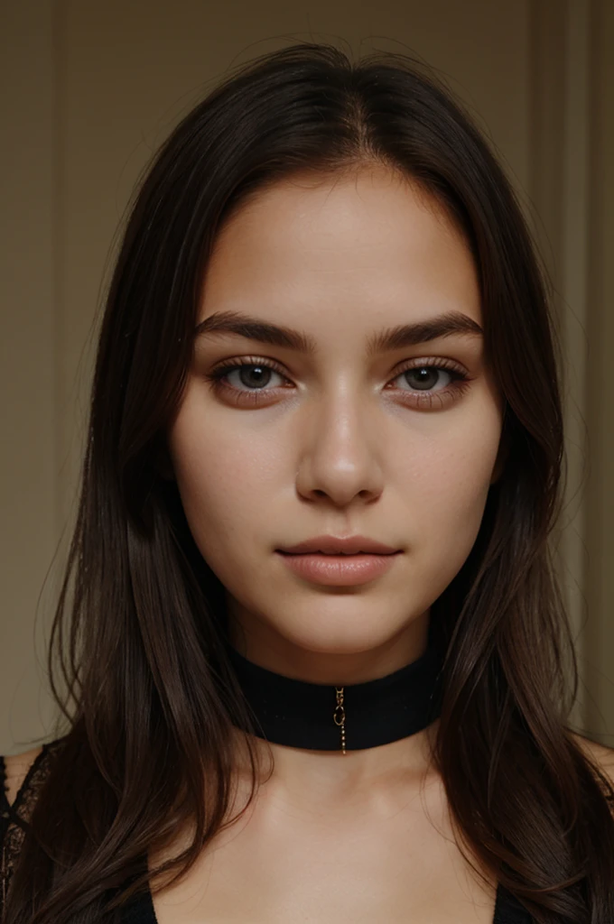 Alternative girl 26 years old, petite, slim, ponytail, dark black lips, close look straight in to eyes, face only, photorealistic, naked