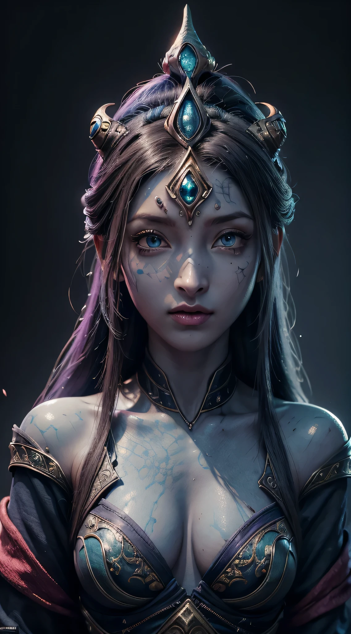 (master part, melhor qualidade:1.3) SamaraME, 1girl, sozinho, (pele azul:1.29), olhos rosa, alien, rosto hiper realista, Olhar bonito, fantasia art, no estilo de dark, epics, fantasia, intrincado, hiper detalhado, art-station