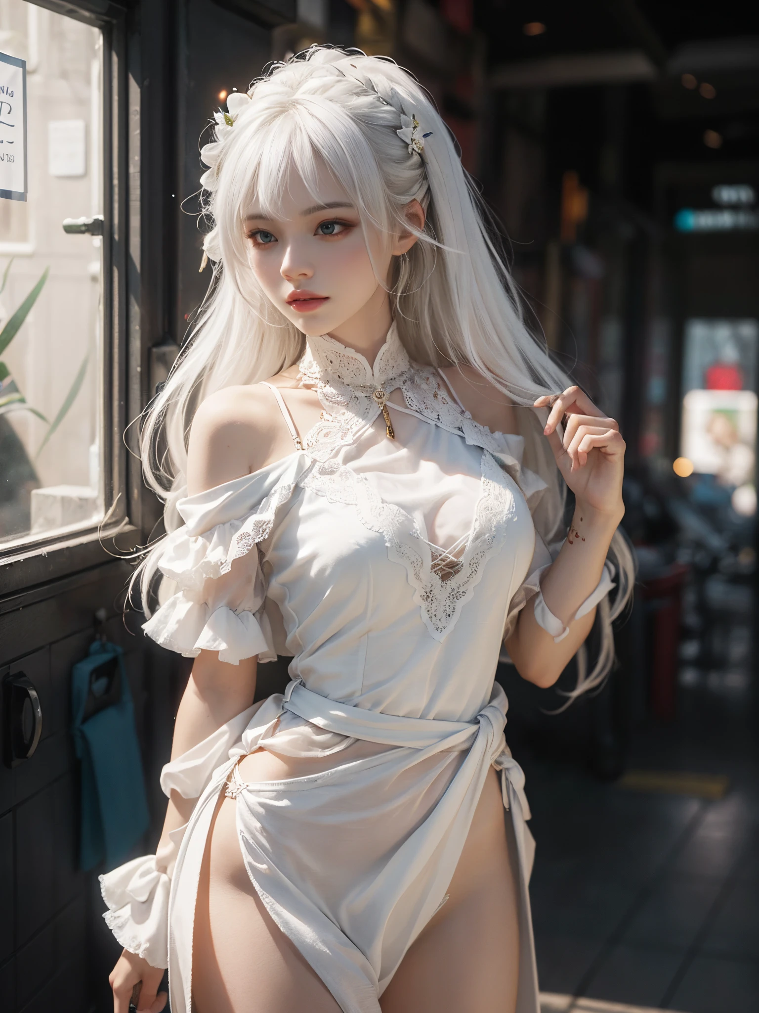 Close-up of woman with white hair and white mask、beautiful character painting、guweiz、Artwork in the style of Gwise、white haired god、Jan J、epic exquisite character art、Stunning character art、Fanchy、Uzunsifan、Guweiz on the Pixiv art station,Faces of reality,Real people,Photo quality,Real person footage captured on camera,Shooting from the waist up,Live-action feeling,Quite light clothing，see-through underware,