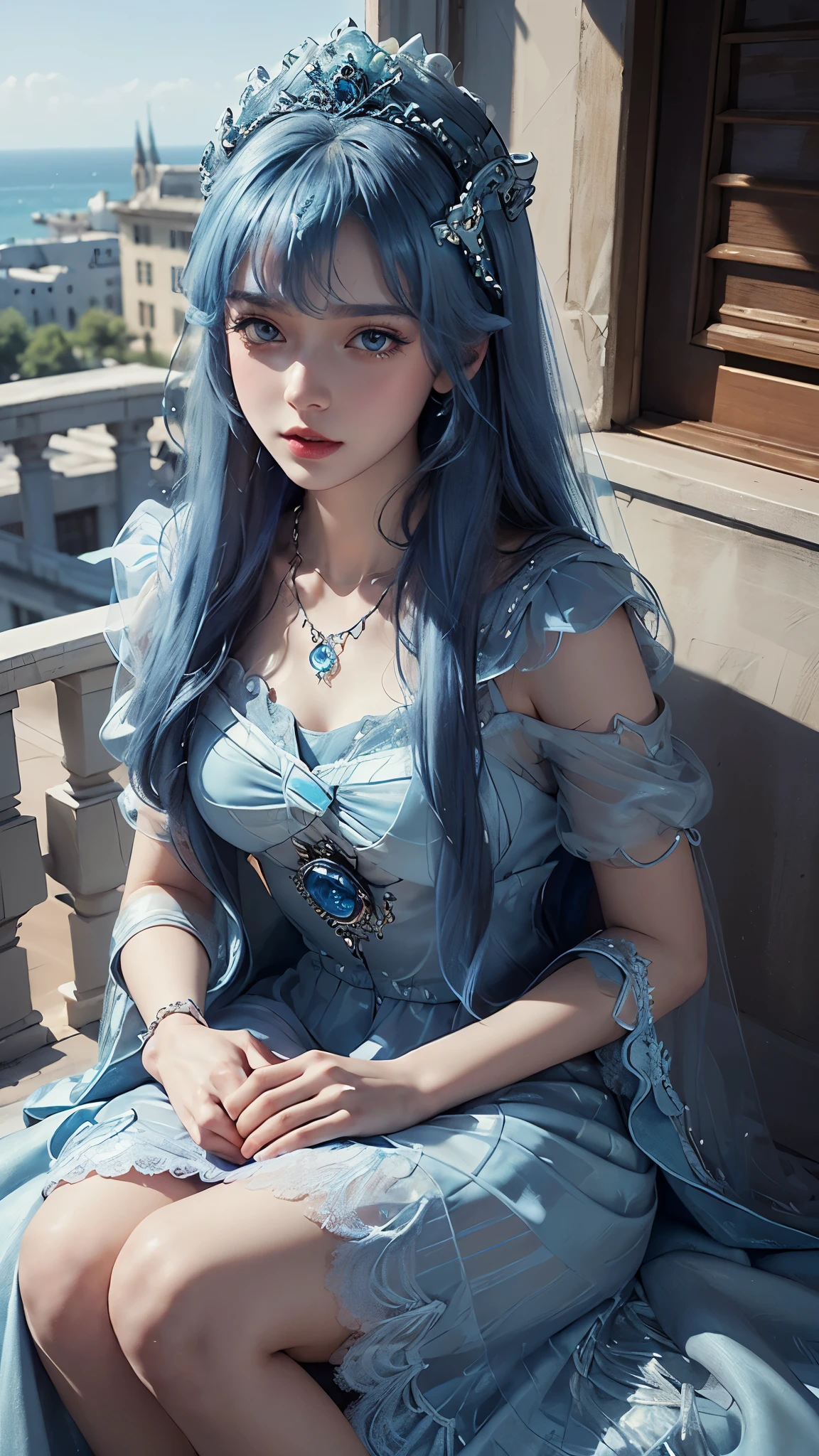8k, masterpiece, 3d blur, 1 girl, beautiful face, very long hair, hair ornament, light makeup, detailed eyes, small breast, ultra detailed clothes, (blue princess dress:1.5), lace:1.5, ((closed up)), necklace, jewellery, amazing balcony background, sitting,