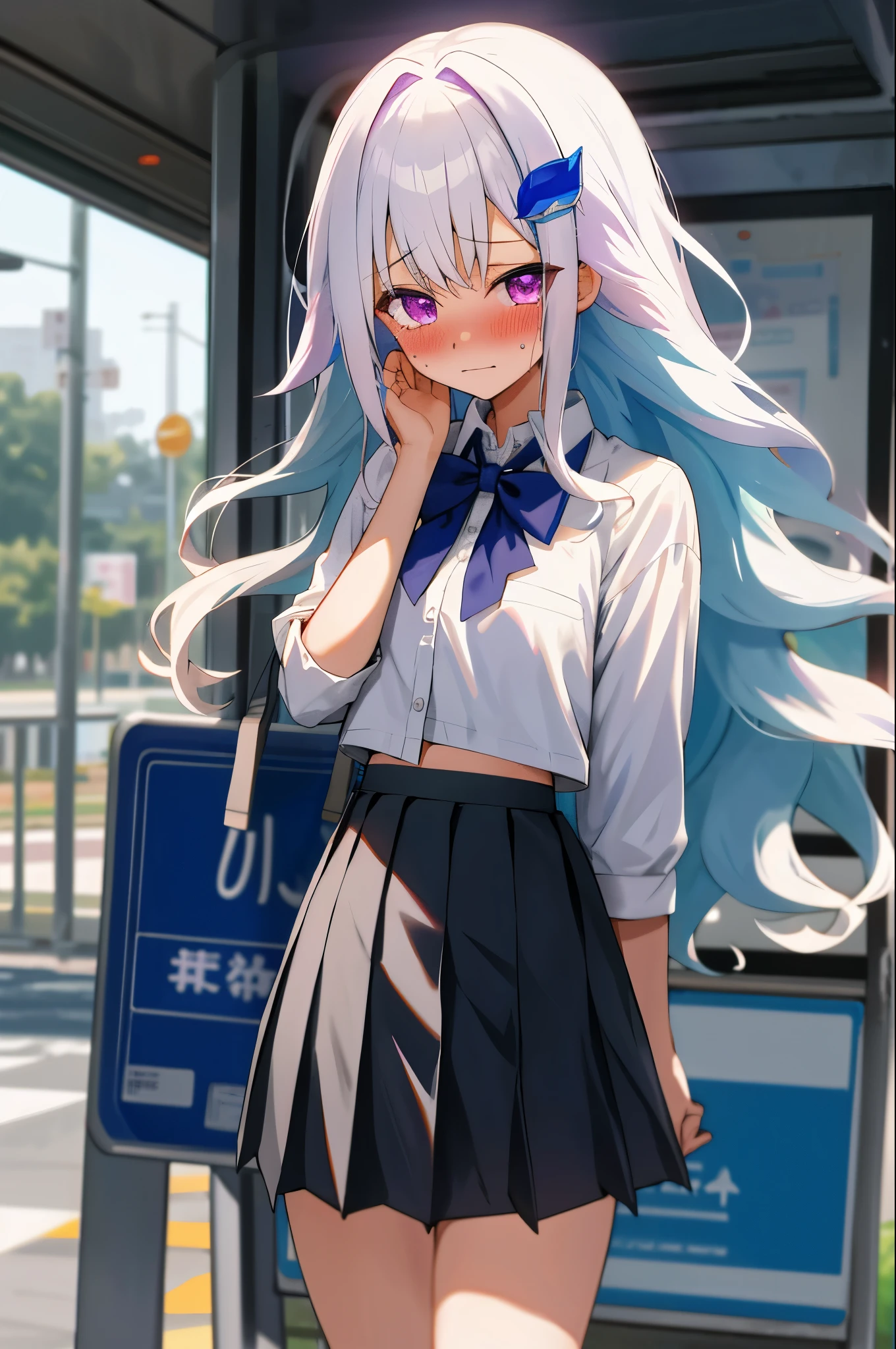 One girl with long wavy hair, white hair, blue inner hair, purple eyes, looking at viewer, embarrassed, blushing, tears, outdoor , road, bus stop, busway, white shirts, bow tie, pleated skirt , black skirt, mini skirt, midriff, thigh, perfect waist, noon atmosphere, hair ornament, standing, (embarrassed:1.0)