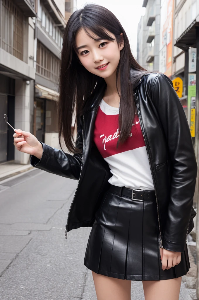 photo Realistic, masutepiece, Realistic, High contrast, hyper Detailed, Best Quality, 超A high resolution, photo Realistic, High resolution, Detailed, Raw photo, Japanese Junior High School Girl, Long hair, Black leather jacket, Long sleeves, Black micro mini skirt, Pleated skirt, black long bootle shot))), Street, Full Shot, Looking at Viewer, (((From below))), Busy city, foreshortening, (Pose Seductive), Looking at Viewer, mad, (eyecontact), japanaese girl, Smile,
