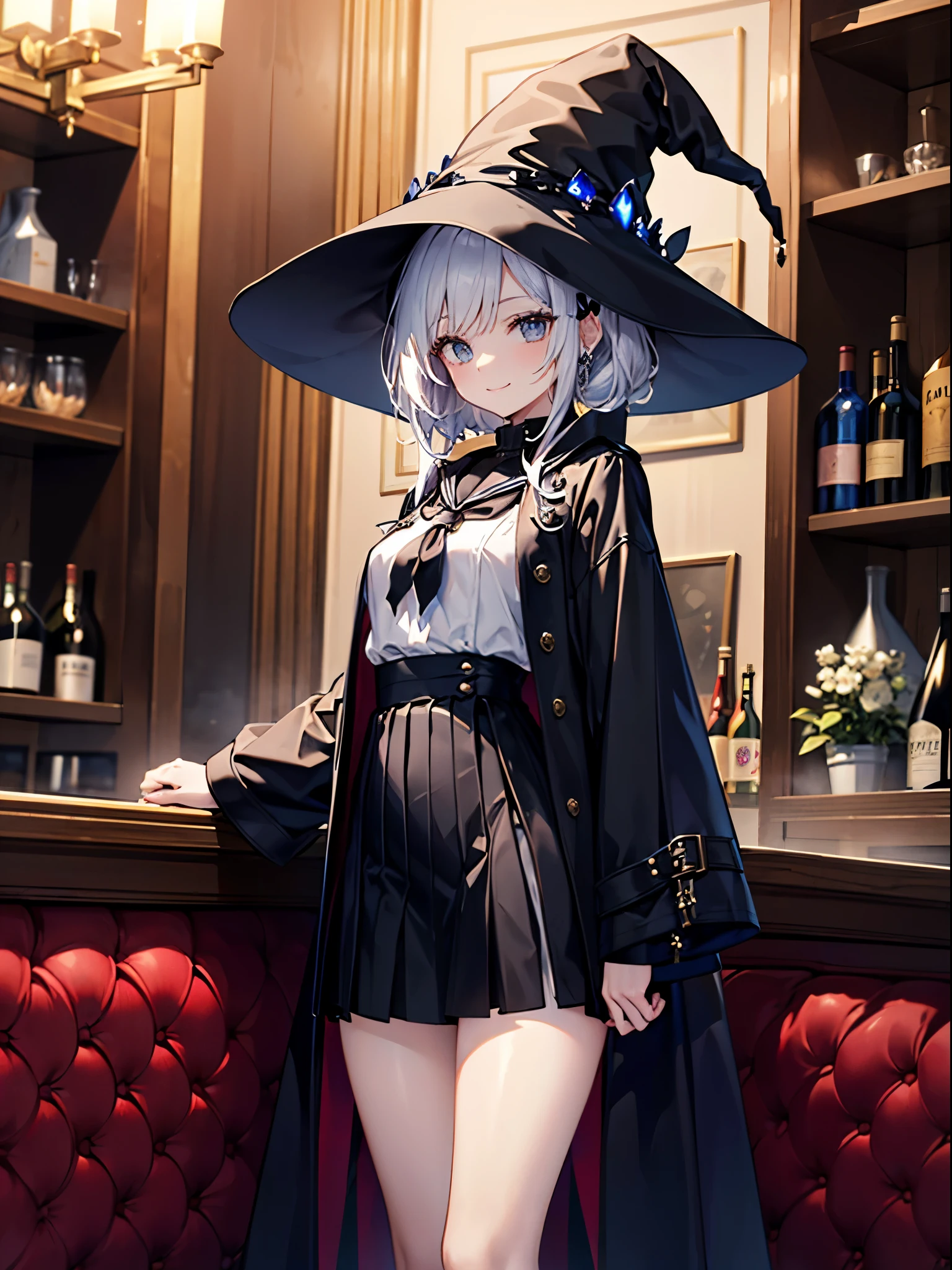This is a bar in another world that looks like something you&#39;d see in a Japanese anime or game.、Woman wearing a large black witch hat with sapphire accessories、wearing a long black coat、she wears sexy lingerie inside、she is wearing a checked skirt、Leggings that cover half of your thighs、bare-legged、Short, pure white, long, fluffy hair、small tits、Outstanding smile、32-year-old woman