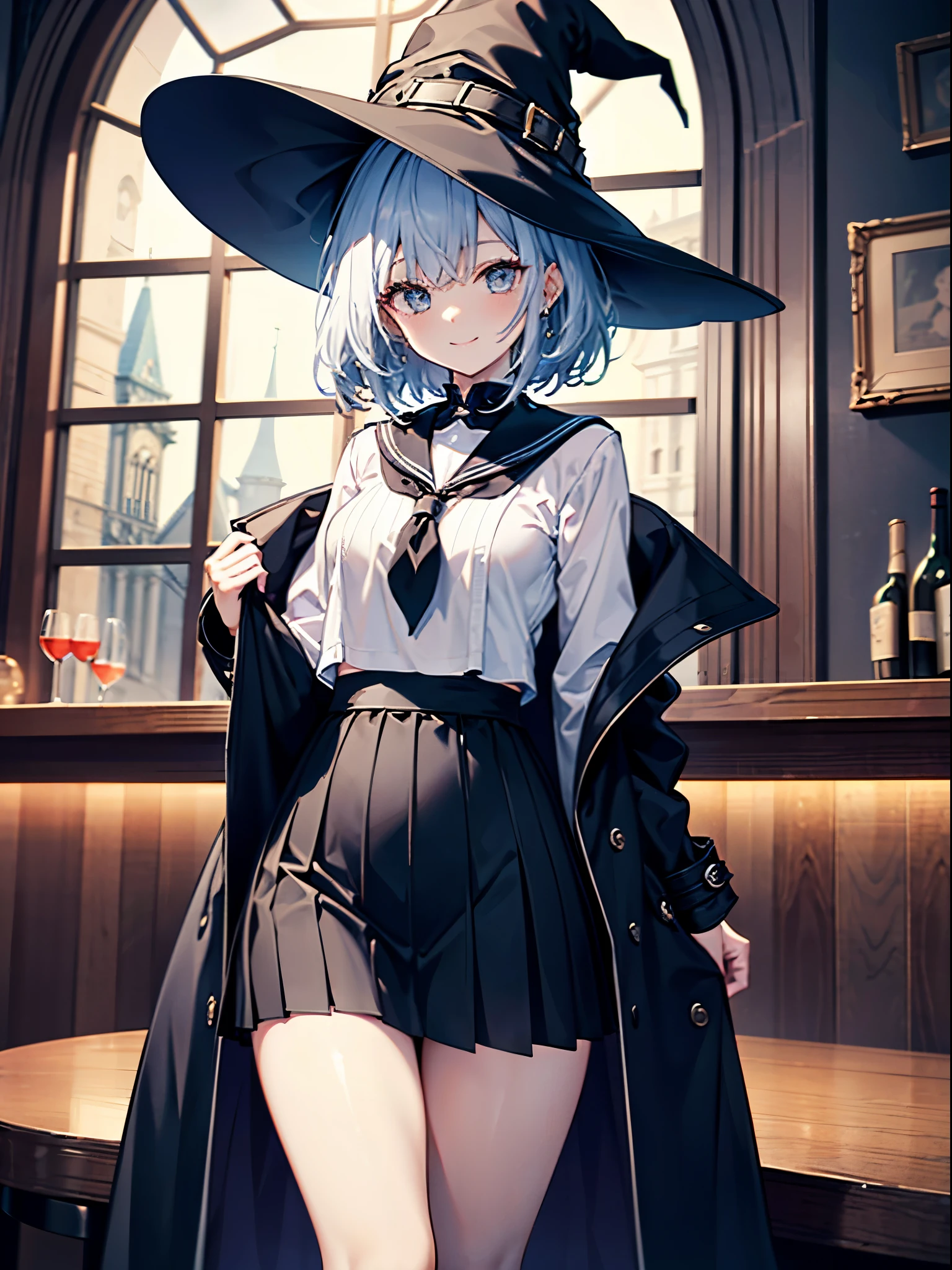 This is a medieval European-style bar in another world.、Woman wearing a large black witch hat with sapphire accessories、wearing a long black coat、she wears a sailor suit inside、she is wearing a checked skirt、Leggings that cover half of your thighs、bare-legged、Short, pure white loose lob hair、small tits、Outstanding smile、