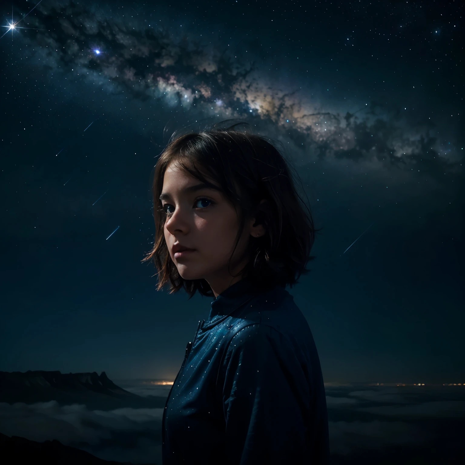Perched on a faint cloud, girl staring in awe at the breathtaking expanse. The night sky is alive with a sea of stars, Shimmering like diamonds scattered on a velvet canvas. Swirling cosmic phenomena, Drawing brightly colored streaks in a vast space. her hair is gently tousled in the wind, girl's silhouetanding as a witness to the beauty of the universe. Quiet and full of wonder, she will be part of this cosmic symphony, Her presence illuminates the infinite possibilities beyond the clouds..