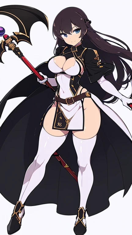 (((Best Quality))) , ((full body)), female, reference sheet, solo, (white background), holding staff, gloves, slit trench skirt,