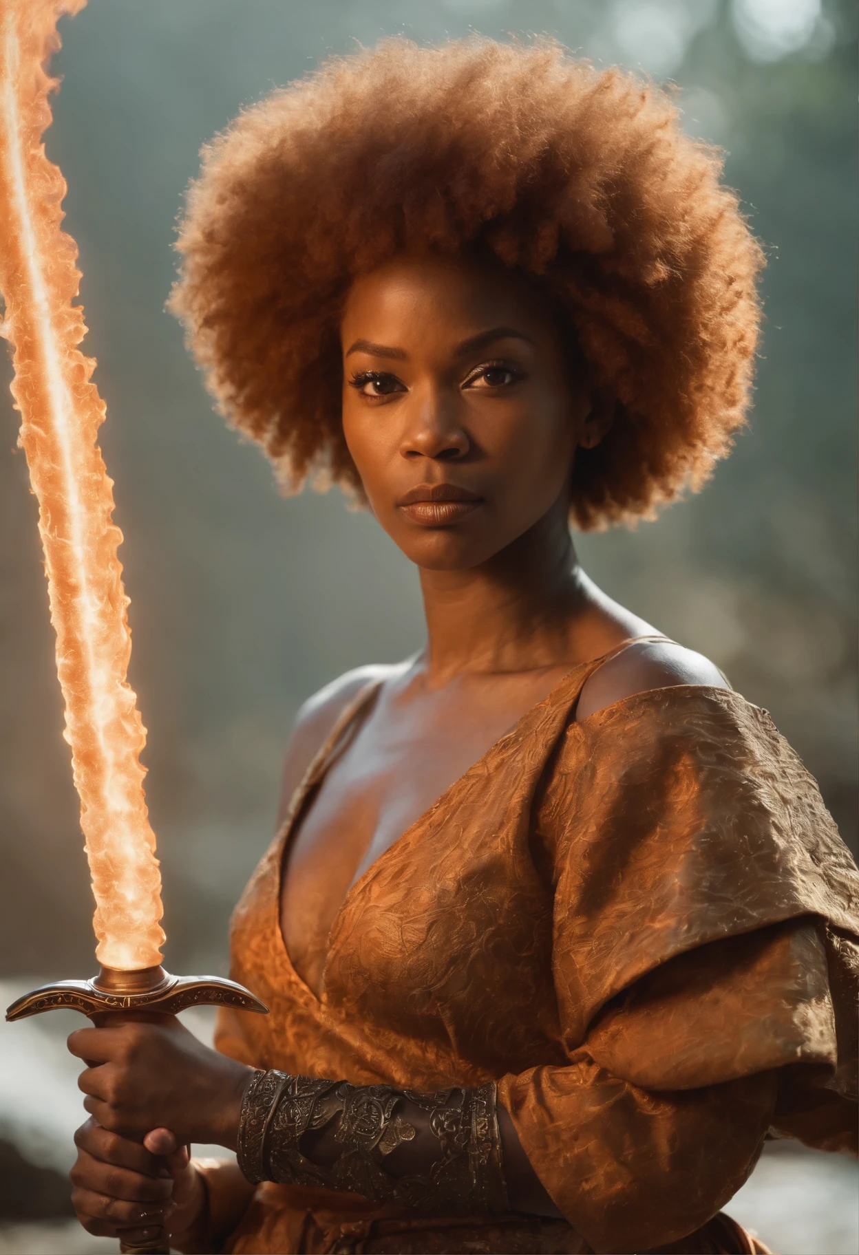 Ginger black womaj with Afro holding a flaming sword