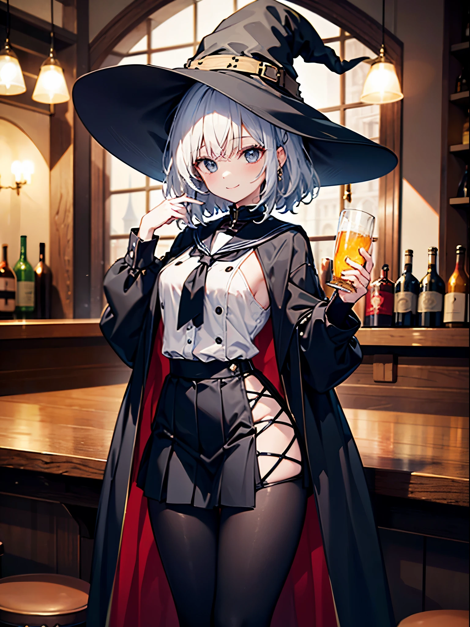 This is a medieval European-style bar in another world.、Woman wearing a large black witch hat with sapphire accessories、wearing a long black coat、she wears a sailor suit inside、she is wearing a checked skirt、Leggings that cover half of your thighs、bare-legged、Short, pure white loose lob hair、small tits、Outstanding smile、