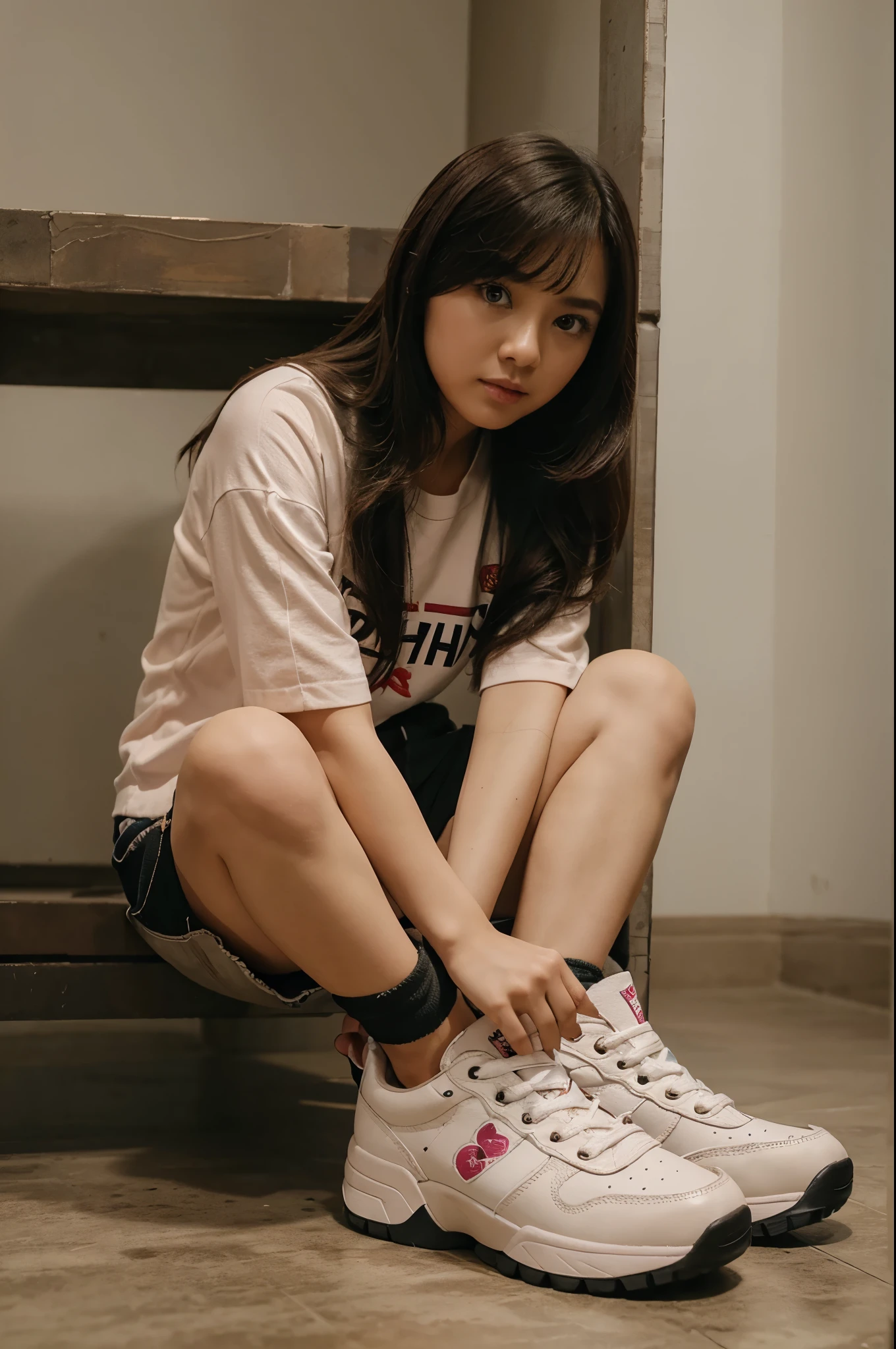 jenna ortega, long ponytail, pink overalls, studs, white shirt, sneakers, detailed skin, medium shot, upper body, simple solid background, portrait, nsfw