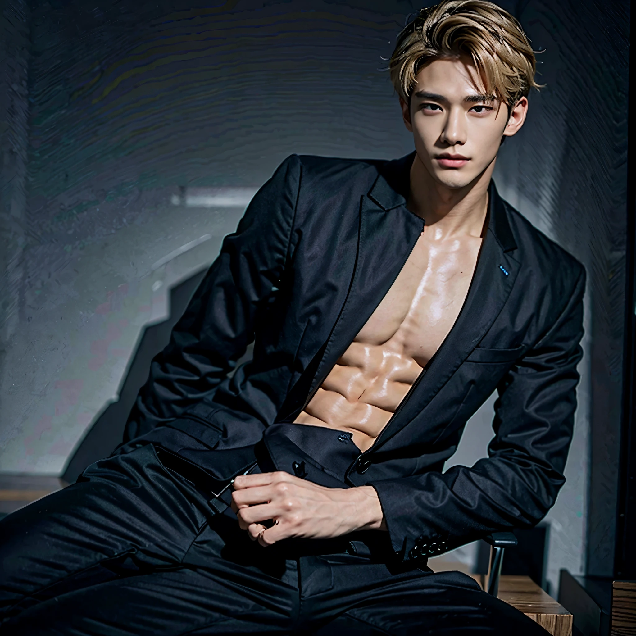 Black Blazer, Abs, No Shirt, Baggy Formal Pants, Male, Blonde Hair, Medium Length, Perfect Facial Symmetry, Perfect Nose, Handsome Nice Smile, Almond Eyes and Korean. One Male, Alone, Single Person, Handsome Smirk. Wolfcut. Single Male, One Person. SINGLE CHARACTER