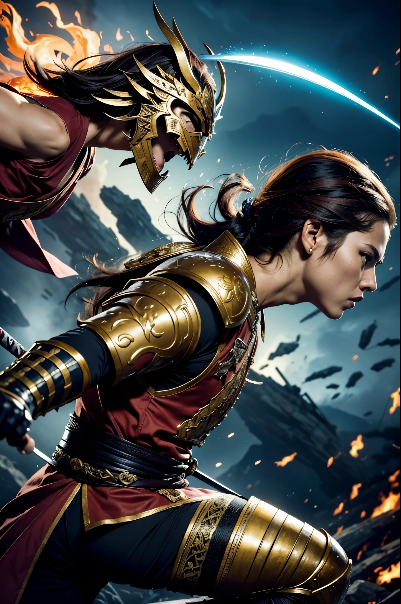 (best quality,4k,highres,masterpiece:1.2),ultra-detailed,realistic,photorealistic:1.37,young samurai,fierce aura,detailed outfit,fire background,traditional Japanese sword,fierce expression,flowing hair,focused gaze,bravery,strength,vivid colors,sharp focus,studio lighting,concept art,warrior,heroic pose,Asian-inspired,artistic style,high contrast,serene atmosphere,epic battle scene,fiery sparks,dynamic movement,traditional armor,ornate helmet,strategic mindset,skilled swordsman,warrior spirit,amazing technique,dynamic composition,flaming dragon,action-packed,adventurous,sense of danger,mythical creature,vibrant energy