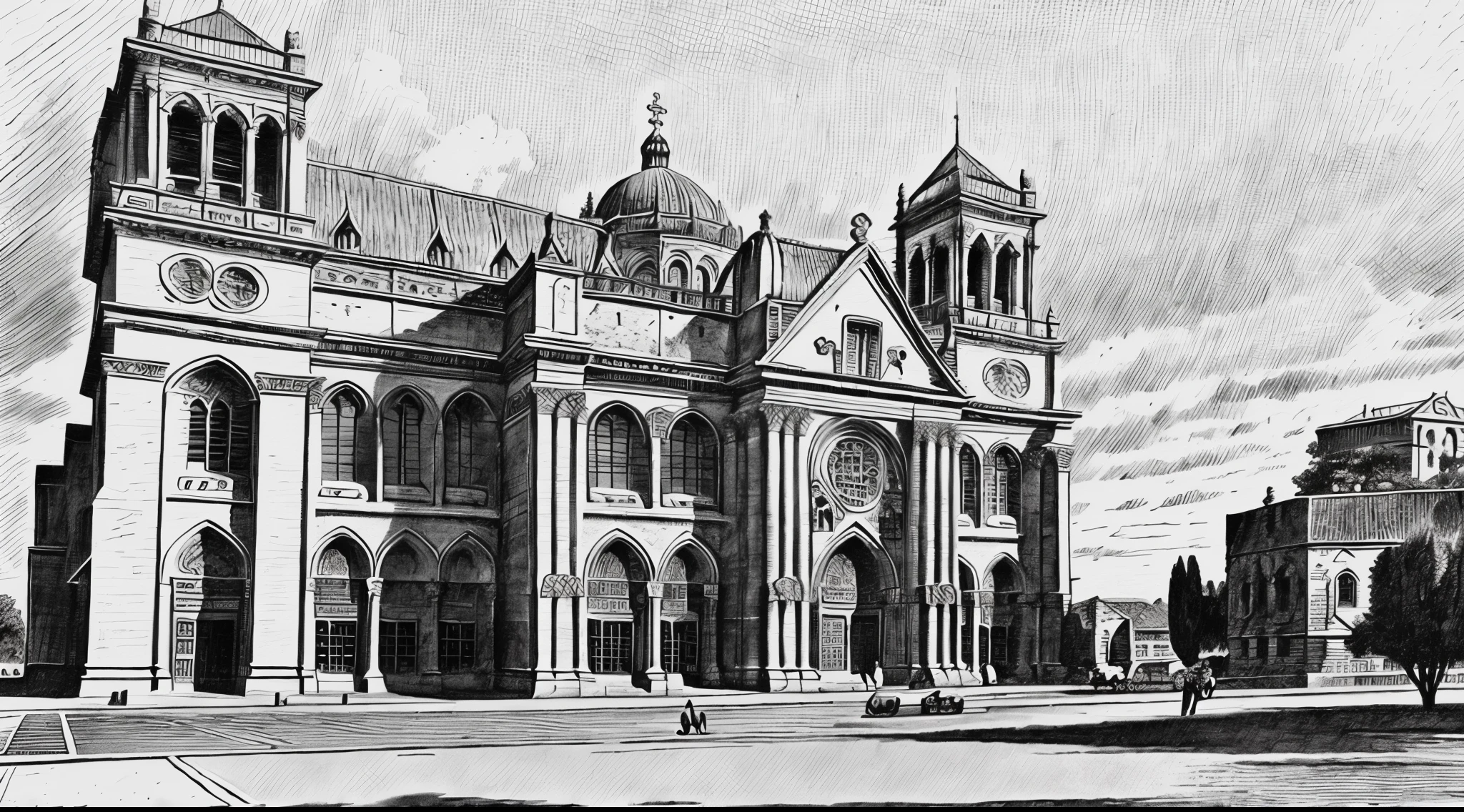 realistic pencil drawing of an old luxurious cathedral with ancient architecture