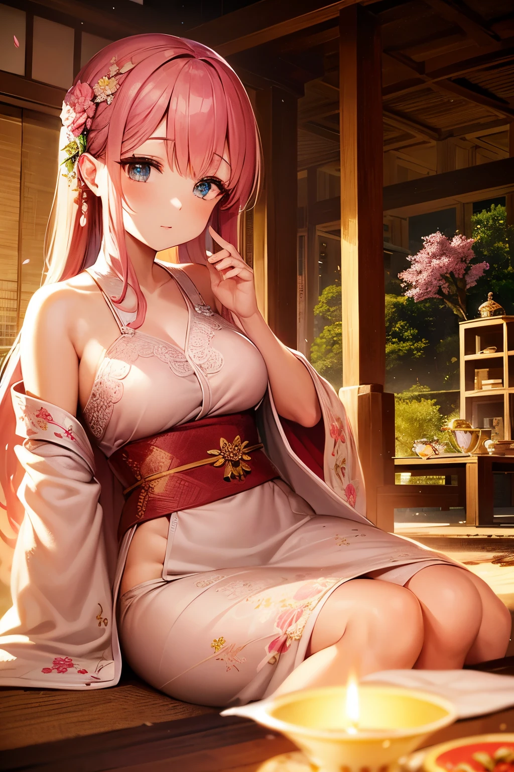 beautiful detailed eyes, traditional costume, serene garden, cherry blossom, flowing robes, graceful pose, bamboo forest, delicate embroidery, tea ceremony, ancient architecture, soft lighting, vibrant colors, dreamlike atmosphere, intricate details. close up