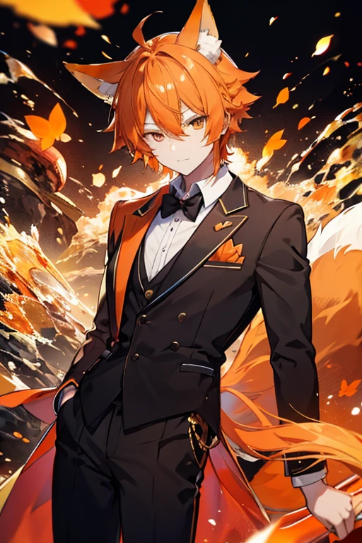 An orange haired man with orange eyes and orange fox ears and tail is wearing a fancy suit in a ball