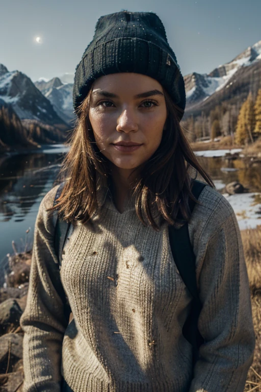 1 woman ((upper body selfie, happy)), masterpiece, best quality, ultra-detailed, solo, outdoors, (night), mountains, nature, (stars, moon) cheerful, happy, backpack, sleeping bag, camping stove, water bottle, mountain boots, gloves, sweater, hat, flashlight, forest, rocks, river, wood, smoke, shadows, contrast, clear sky, analog style (look at viewer:1.2) (skin texture) (film grain:1.3), (warm hue, warm tone:1.2), close up, cinematic light, sidelighting, ultra high res, best shadow, RAW, upper body, wearing pullover
