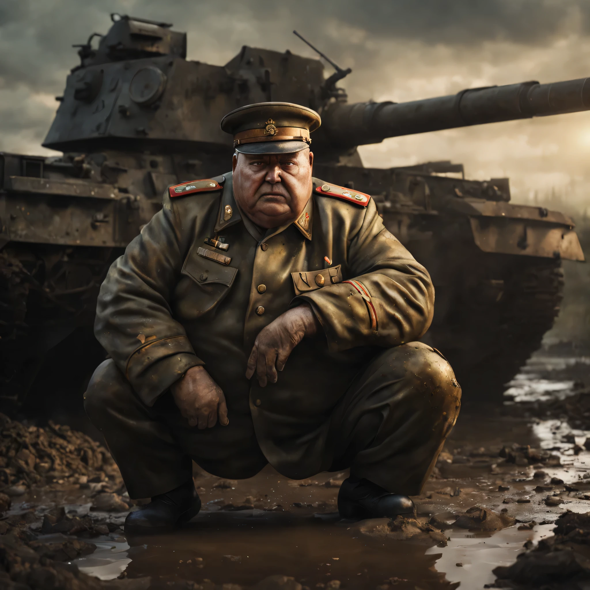 best quality, masterpiece, highres,photorealistic, rim lighting, old very obese crying soldier wearing a russian uniform, standing in the mud, in thebackground a rusty soviet tank,,two tone lighting,(high detailed skin:1.2), 8k uhd, dslr, soft lighting, high quality, volumetric lighting, candid, Photograph, high resolution, 4k, 8k, Bokeh