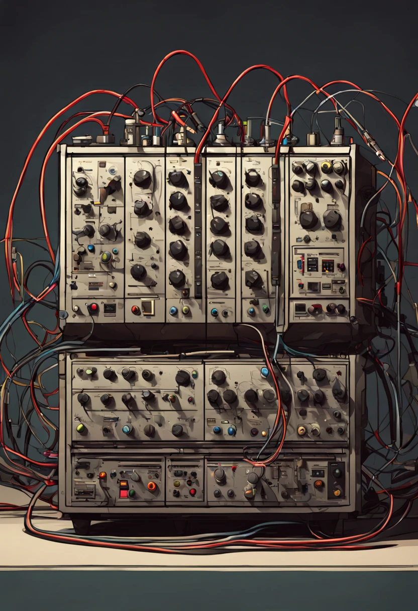 a cartoon illustration of a weird-shaped modular synthesizer with colored cables in a shady and dirty room in a cheap hotel, best quality, highly detailed, masterpiece,trending on artstation, digital art, digital illustration, storybook illustration,