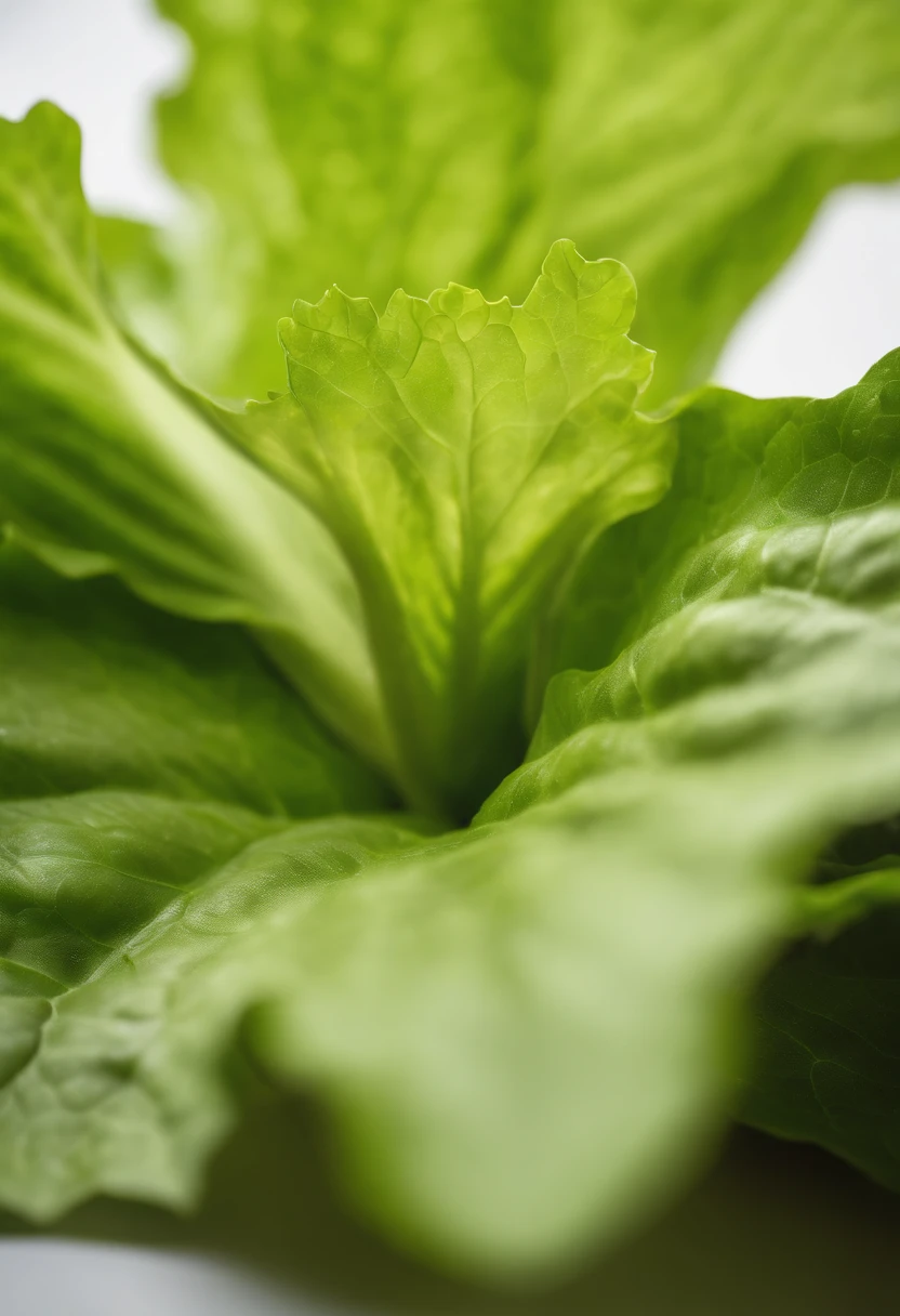 a minimalistic shot of a single lettuce leaf against a clean, white background, allowing the vibrant green color to be the focal point
