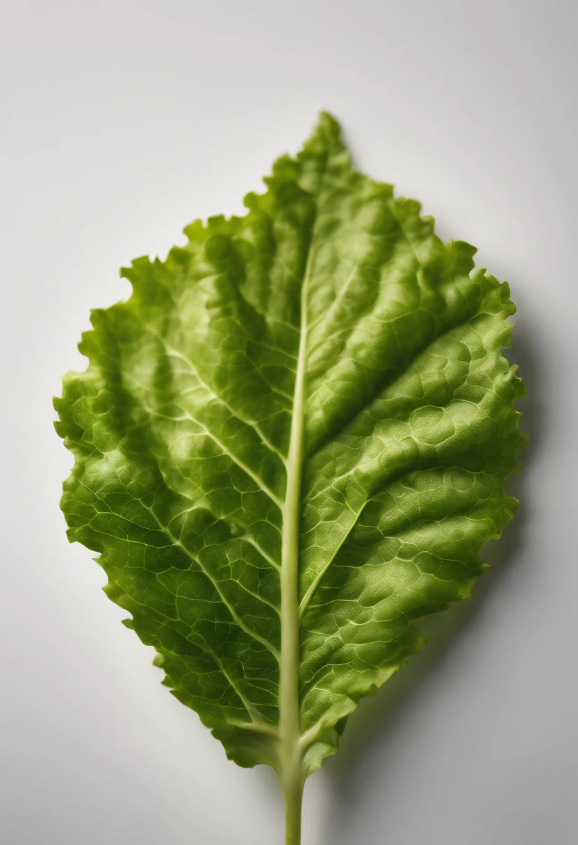 a minimalistic shot of a single lettuce leaf against a clean, white background, allowing the vibrant green color to be the focal point