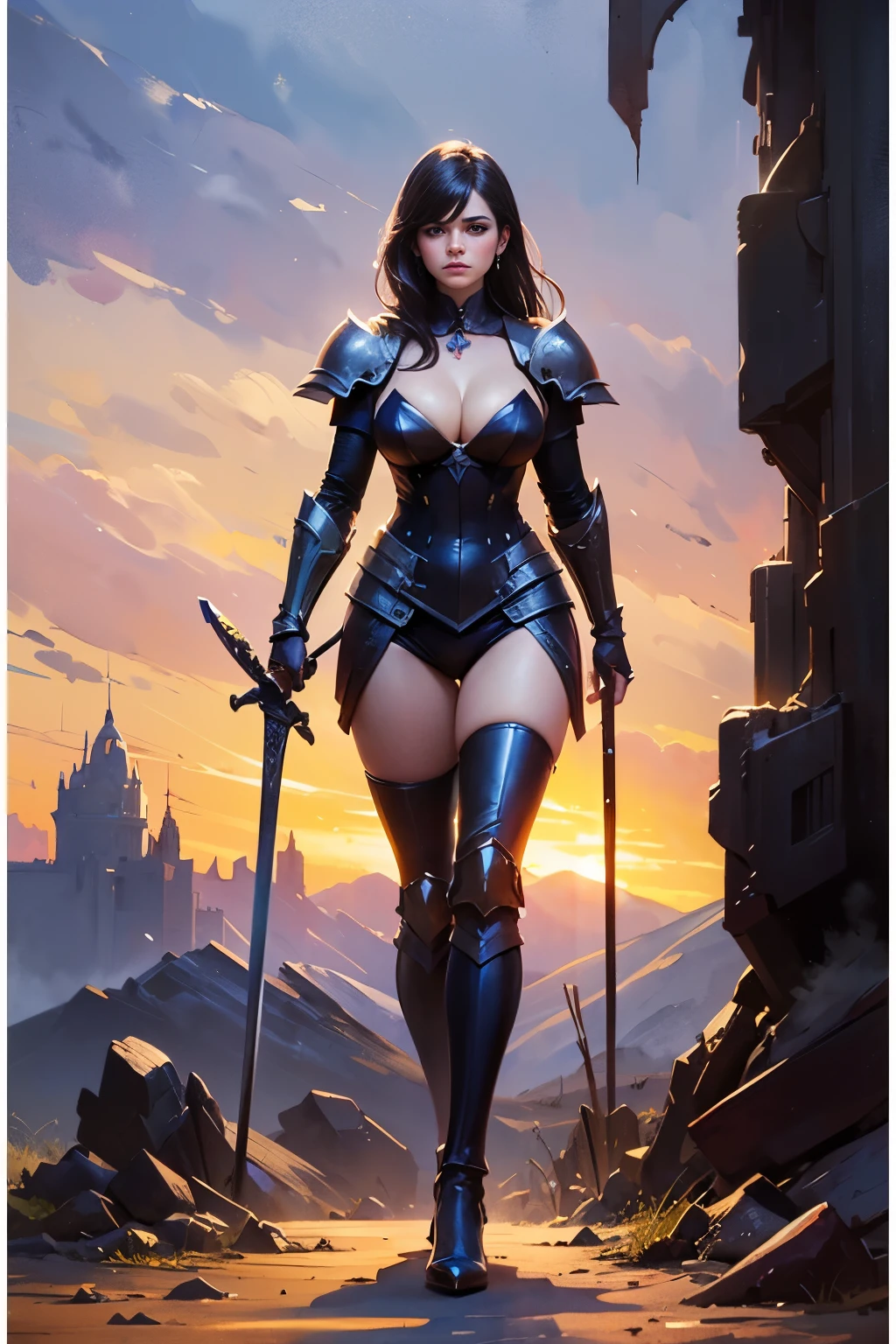 (watercolor painting by singer sargent), 1girl , a female mature warrior standing on a giant mechanical device , curvy woman, cleavage,high heels , farmpunk style, holly armor, long fair hair, fair skin, taking a large thick sword,